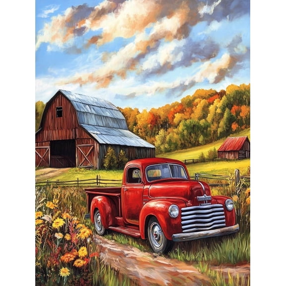 DIY The Red Truck and The Old Barn Diamond Painting 12x16 Inch, Full Round Drill Kits Mosaic Art for Adults Relax & Home Wall Decor Festival Gift 1036