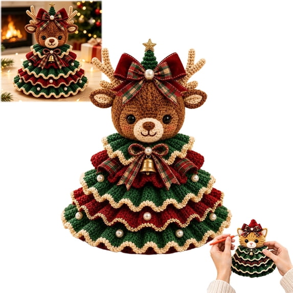 DIY Reindeer Christmas Tree Crochet Kit, Handmade Ornament Set with Pearl Beads Bell Bow Yarn Hook, Beginner Friendly, Multicolor, 20x20 cm, Cloth