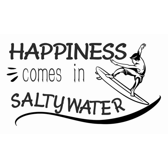 DIY Removable Surfing Quotes Wall Decal | Happiness Comes In Salty Water | 19" x 30" Stick And Peel Home Kids Bedroom Living Room Wall Art Adhesive Vinyl Beach Surfer Decoration Sticker - Black