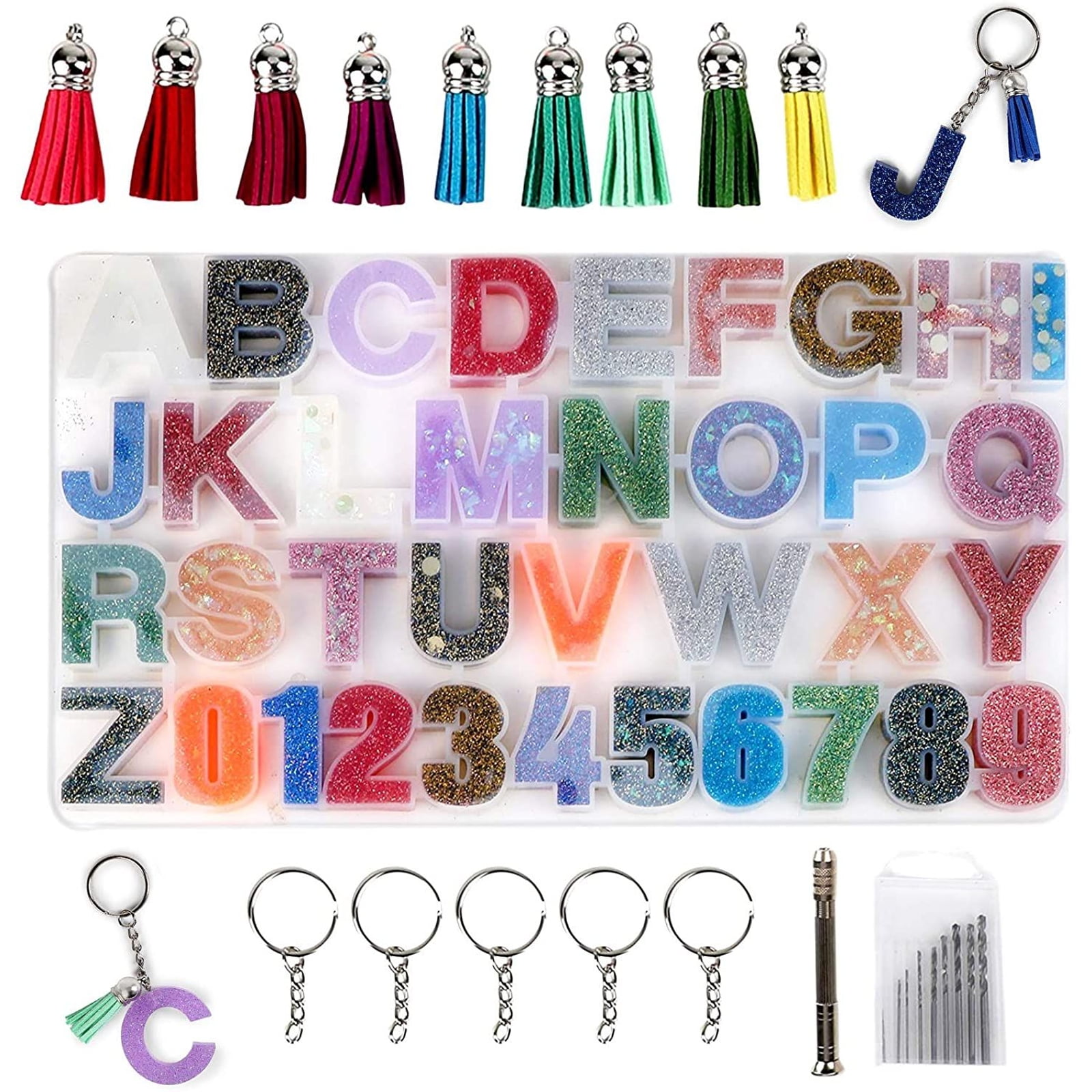 234Pcs Resin Mold Kit Resin Alphabet Mold Kit Silicone Keychain Making Set  Letter Mold with Key Chain Ring Reusable Durable Portable DIY Keychain