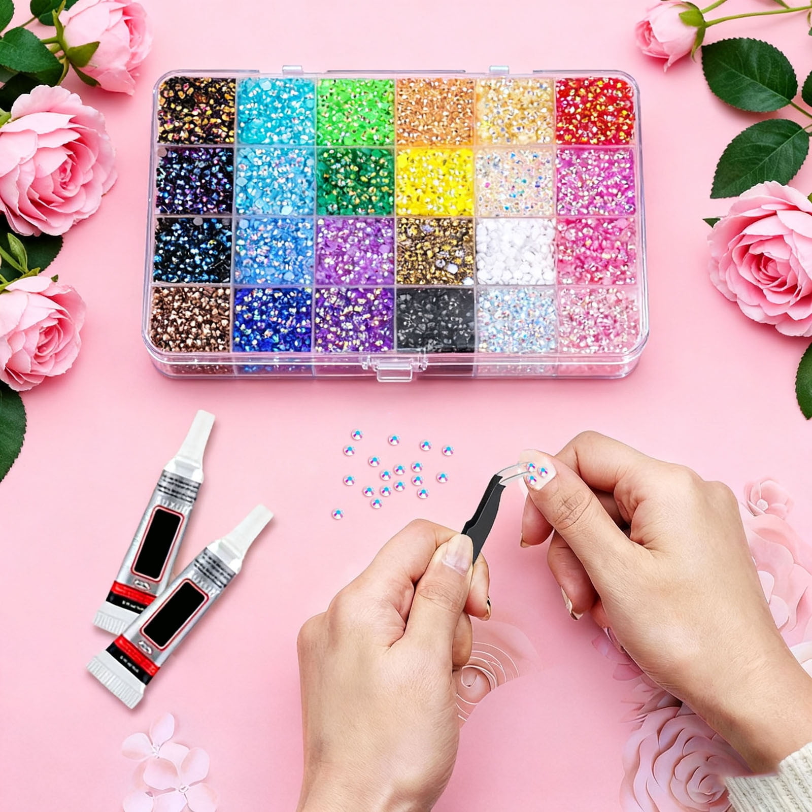 DIY Rhinestones Craft Set Diamond Painting Supplies 5D Diamond Art Tools Complete Diamond Painting Accessories Kit with Bedazzling Flatback Gems 3 Pcs Jewelry Glue1 Pcs Tweezers1 Pcs Pickup Pen for N