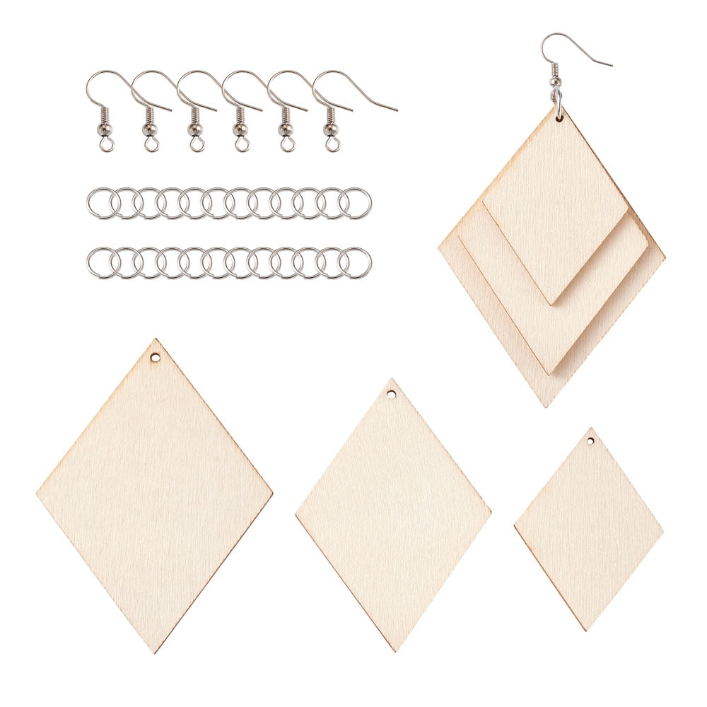 DIY Rhombus Shape Natural Wood Pendants Earring Making Kits Include Platinum Plated Brass Earring Hooks and Jump Rings White