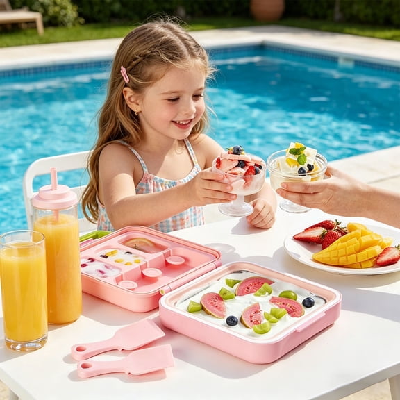 DIY Rolled Ice Cream Maker Machine with Storage Case Frozen Yogurt Sorbet Plate No Freezer Instant Cold Dessert Tool with Spatulas & Molds for Home Party Summer Fun