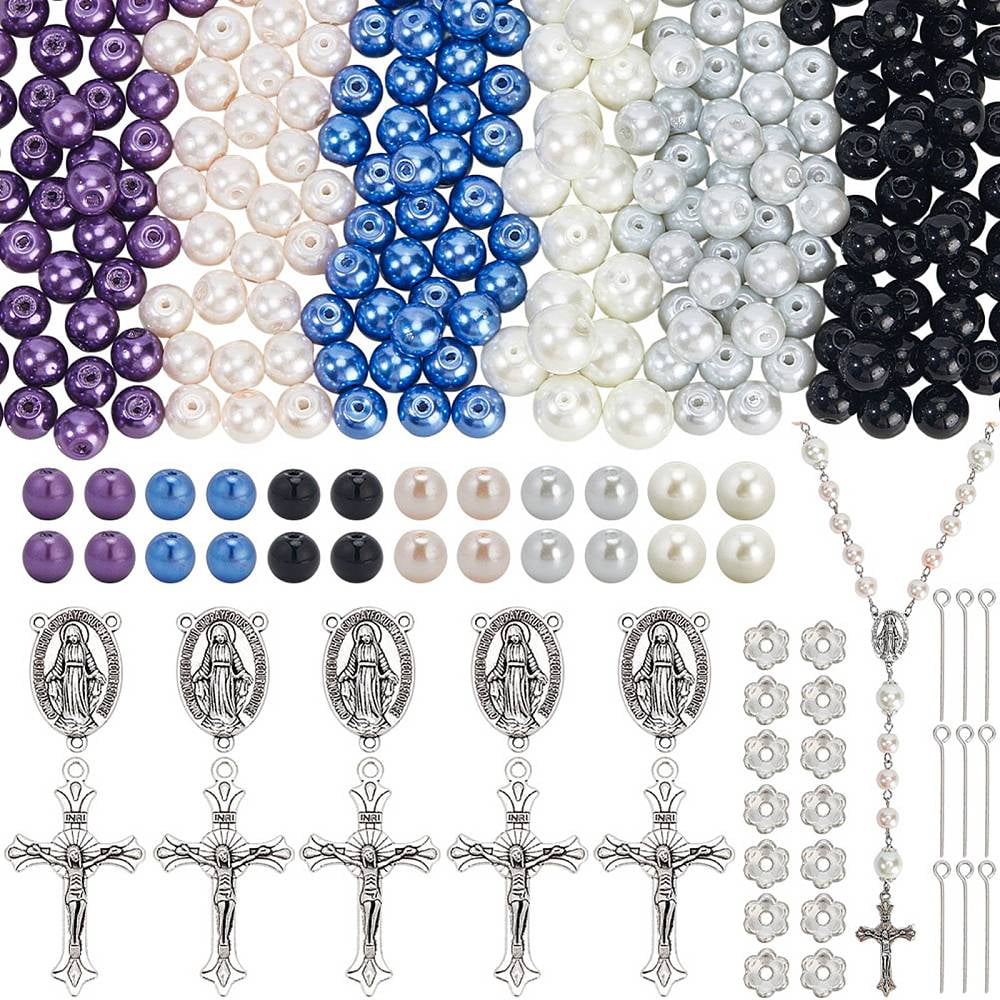 DIY Rosary Bead Jewelry Making Finding Kits including Alloy Pendants & Links & Bead Caps Glass Pearl Beads 304 Stainless Steel Eye Pins Mixed Color