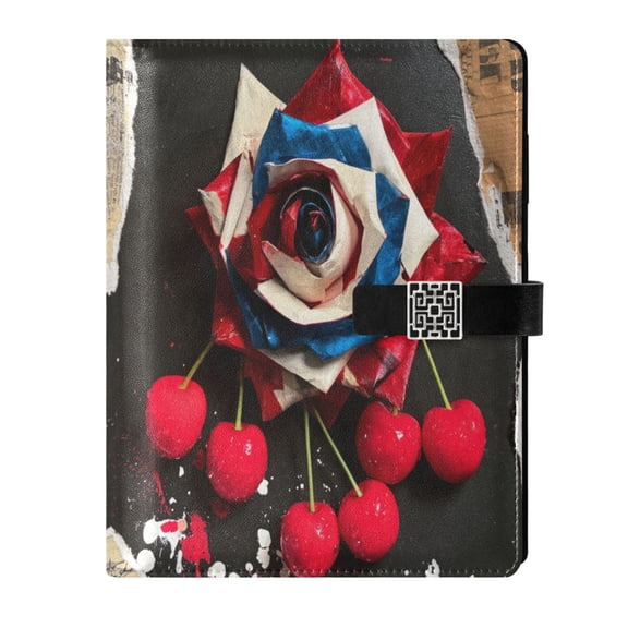 DIY Rose Cherry Printed Microfiber Leather Notebook 9.2x6.7" Refillable Binder Journal with Pen Loop&Pockets 100 Sheets