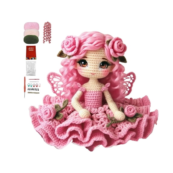DIY Rose Fairy Crochet Doll Kit Complete Knitting Craft Pack For Handmade Doll Ornament Making(Pink-25x21x8cm)