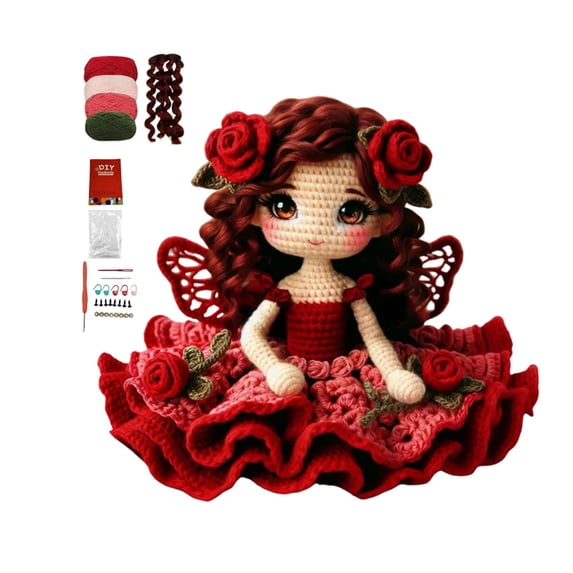 DIY Rose Fairy Crochet Doll Kit Complete Knitting Craft Pack For Handmade Doll Ornament Making(Red-25x21x8cm)