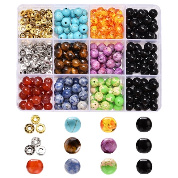 DIY Round Mixed Stone Beads Bracelet Making Kit Including Natural & Synthetic Mixed Stone Beads Resin Beads Brass Rhinestone & Alloy Spacer Bead Elastic Thread Mixed Color Stone Beads: 180pcs/set