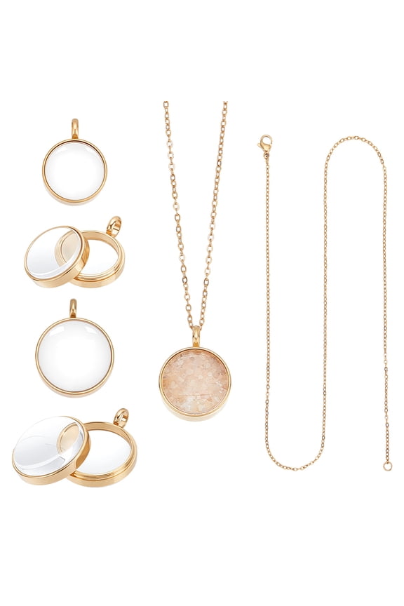 DIY Round Pendant Necklace Making Kits including 304 Stainless Stee Locket Pendants & Cable Chains Real 18K Gold Plated 17.72 inch(450mm) 1.5mm