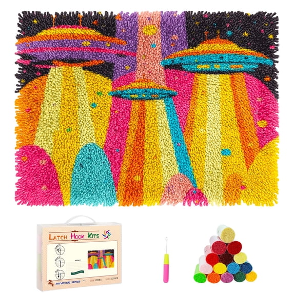 DIY Rug Latch Hook Kits Rainbow Ufo and Alien Stamped Non-slip Mat Crochet Yarn Hook and Latch Emboridery Tapestry for Home Floor Decoration Pet Warm Cushion 52x38cm(4)