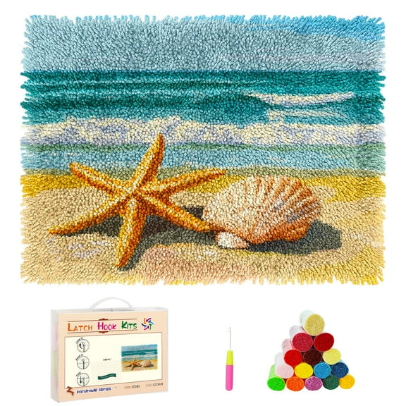 DIY Rug Latch Hook Kits Seaside Beach Starfish and Shells Stamped Non-slip Mat Crochet Yarn Hook and Latch Emboridery Tapestry for Home Floor Decoration Pet Warm Cushion 52x38cm(3)