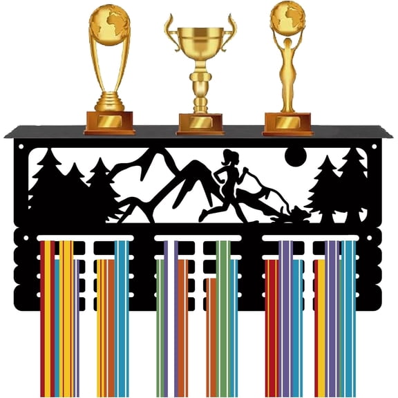 DIY Running Medal Hanger Display Trophy Shelf Marathon Medal Holder with Shelf Stand Mountain Forest Sports 4 Rows Metal Hanging Wall Mount Frame Hold 70+ Medals for Medals Rack 15.7x7.9Inch DIY