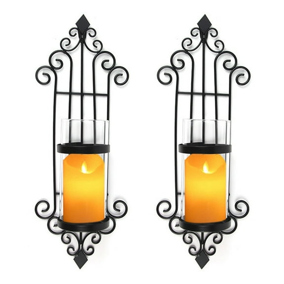 DIY.STORE 2 Pack Wall Hanging Candle Holder, Iron and Glass Wall Hanging Candle Holder Sconce Wall Decor for Living Room, Bedroom(Black)