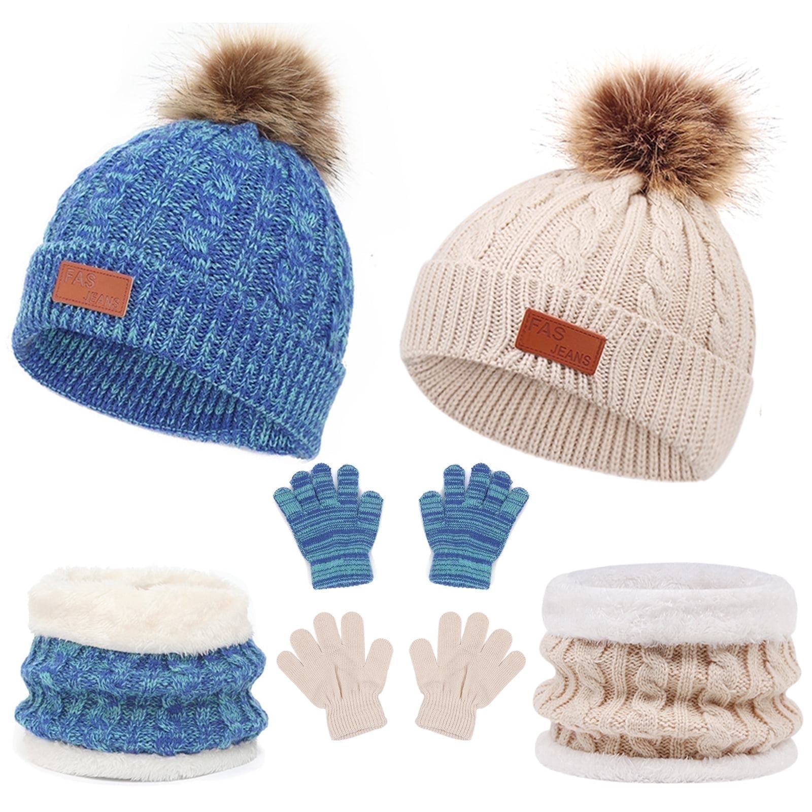 DIY.  STORE 2 Packs Winter Beanie Hat Scarf Gloves Set for Kids, Toddlers Knitting Cap Neck Warmer Gloves Set for Aged 2-8 Year（Beige, Blue）