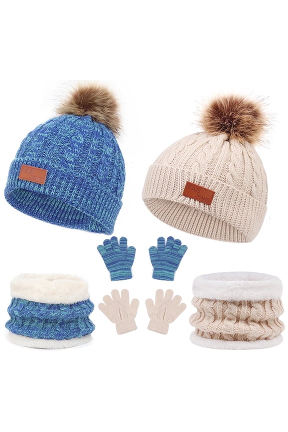 DIY. STORE 2 Packs Winter Beanie Hat Scarf Gloves Set for Kids, Toddlers Knitting Cap Neck Warmer Gloves Set for Aged 2-8 Year(Beige, Blue)