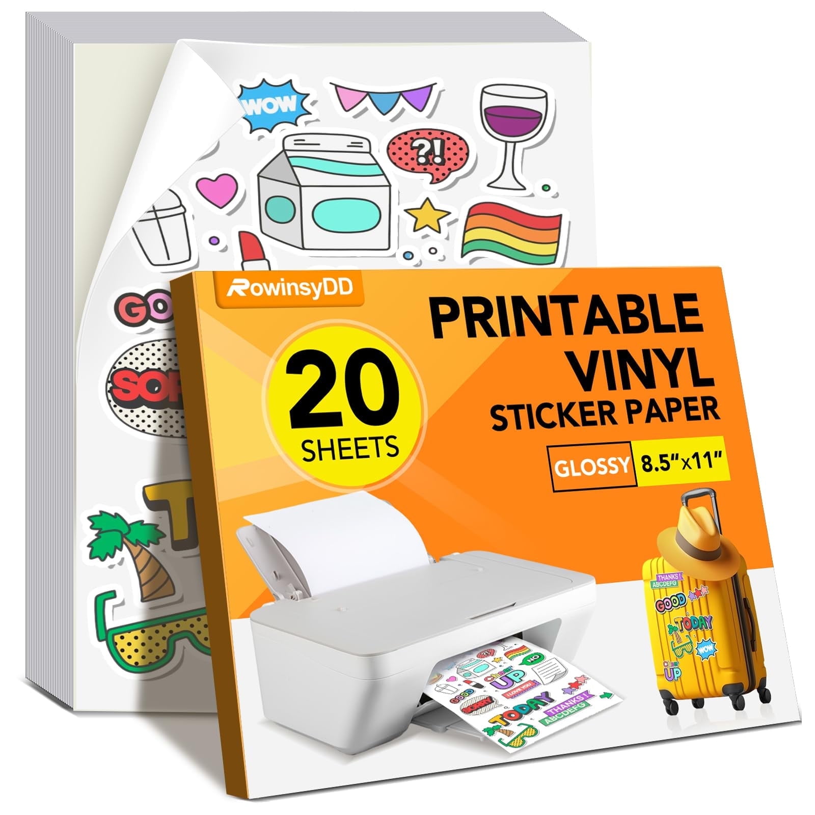 DIY.STORE 20 PCS Sticker Paper for Inkjet PrinterPrintable Vinyl Sticker Paper Dries Quickly Vivid Colors8.5"x11" Tear Resistant Printable VinylGlossy White,Inkjet & Laser Printer