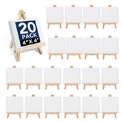 DIYMAG 20 Pack Mini Stretched Canvas with Wooden Easel, 4x4 Inch Art Primed Canvases for Kids Painting with Easel, Acrylic Pouring, Oil Paint & Wet Art Media