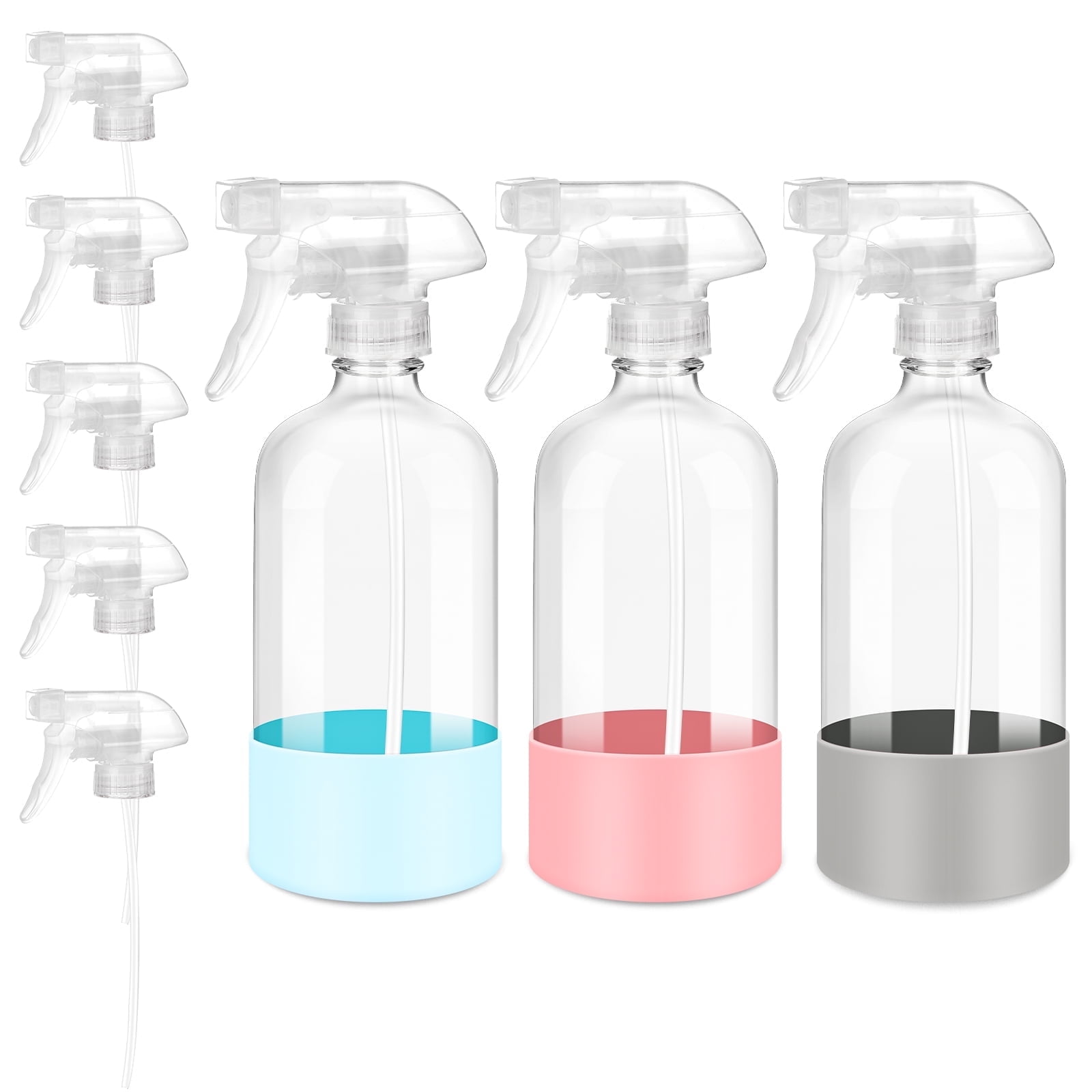 DIY.STORE 3 Pack/16 Oz Glass Spray Bottles, Refillable Empty Containers with Silicone Protective Sleeve, Upgraded Adjustable Nozzle Spray Bottle Sets for Cleaning, Essential Oils, Hair, Plants