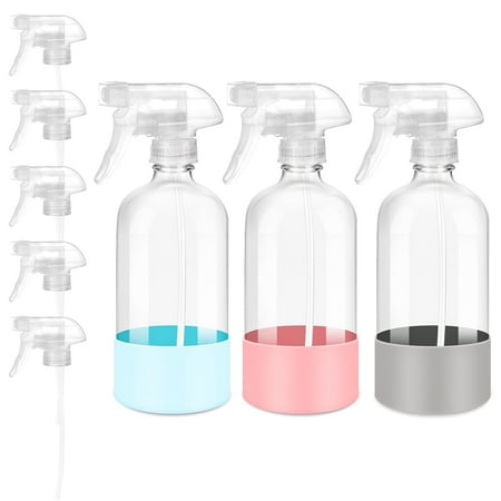 DIY.STORE 3 Pack/16 Oz Glass Spray Bottles, Refillable Empty Containers with Silicone Protective Sleeve, Upgraded Adjustable Nozzle Spray Bottle Sets for Cleaning, Essential Oils, Hair, Plants