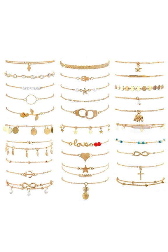 30 Ankle Bracelets for Women Set, Gold Silver Rose Gold Three Style Jewelry Anklets for Women Beach Jewelry Gifts Adjustable Size Beach Anklet Set