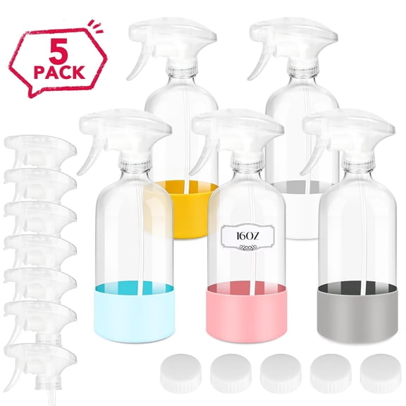 DIYMAG 5 Pack Glass Spray Bottles, Refillable Empty Containers with Silicone Protective Sleeve, Adjustable Nozzle Spray Bottle Sets for Cleaning, Essential Oils, Hair, Plants(16oz /per)