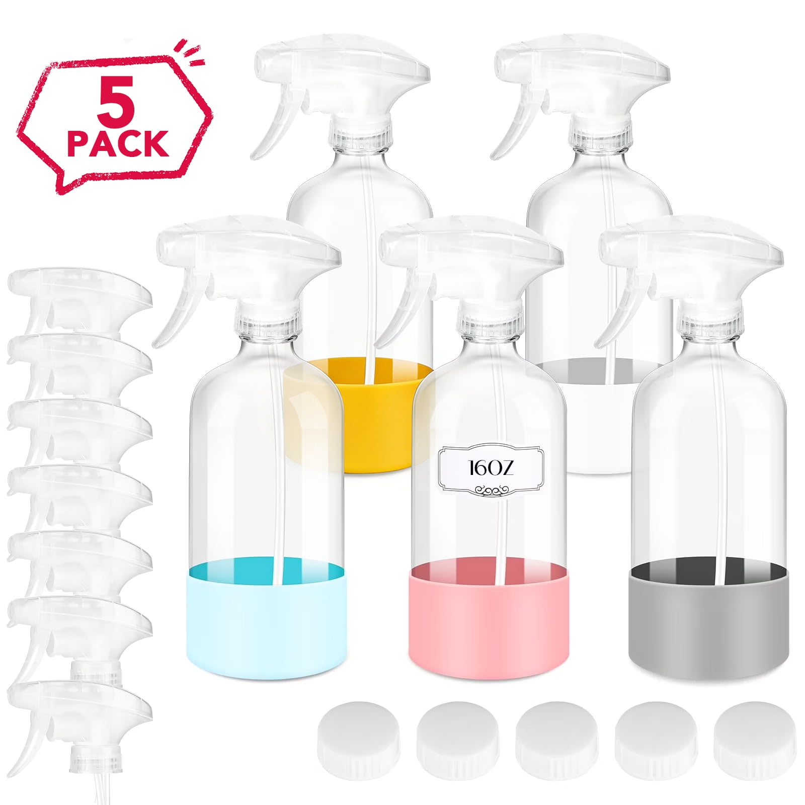 Diystore Glass Spray Bottles 5 Pack 16 Oz, Silicone Sleeve, Adjustable ...