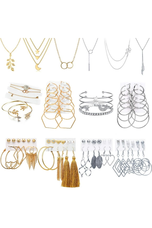 51 PCS Gold Silver Jewelry Set with 6 PCS Necklace,9 PCS Bracelet,36 PCS Layered Ball Dangle Hoop Stud Earrings for Women Jewelry Fashion and Valentine Birthday Party Gift