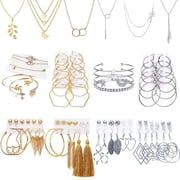 DIY.STORE 51 PCS Gold Silver Jewelry Set with 6 PCS Necklace,9 PCS Bracelet,36 PCS Layered Ball Dangle Hoop Stud Earrings for Women Jewelry Fashion and Valentine Birthday Party Gift