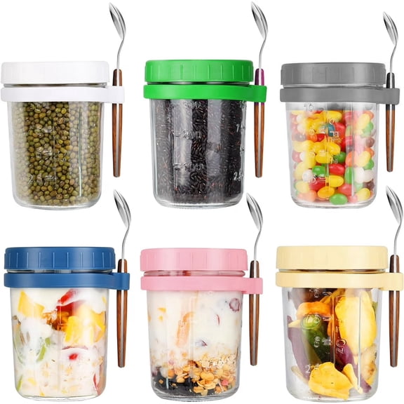 DIY.STORE  6Pcs Overnight Oats Containers with Lids and Spoon 12 Oz Wide Mouth Mason Jars,Meal Prep Container,Glass Food Storage Containers for Yogurt,Fruit,Cereal,Salad,Oat