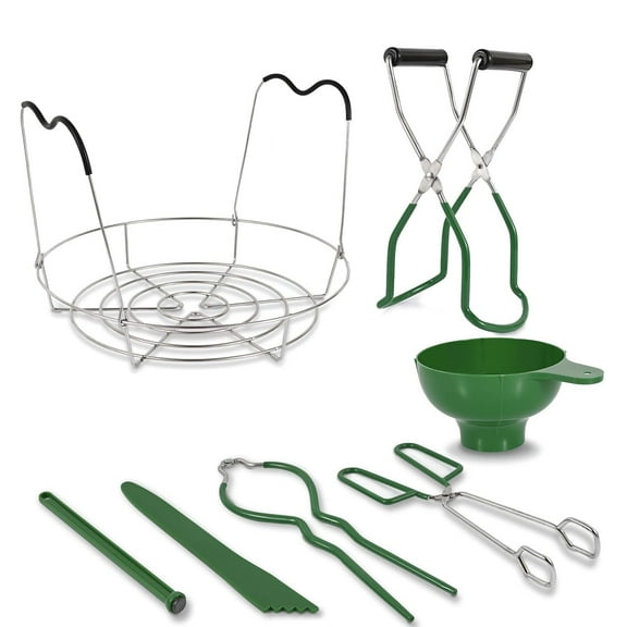 DIY. STORE 7 in 1 Canning Kit Include Steamer Rack,Canning Funnel,Jar Lifter,Wrench, Tongs,Lid Lifter/Bubble Remover Tool.Suitable for Easy Learning and Making of Household Mason Canning (Green)