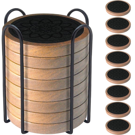 DIYMAG 8 Pcs Wood Coasters for Drinks with Holder, Felt Absorbent Coaster, Non-Slip Drink Coasters for Coffee Tabletop Protection(4.3 Inch; Black)