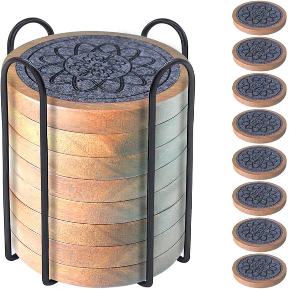 DIYMAG 8 Pcs Wood Coasters for Drinks with Holder, Felt Absorbent Coaster, Non-Slip Drink Coasters for Coffee Tabletop Protection(4.3 Inch; Gray)