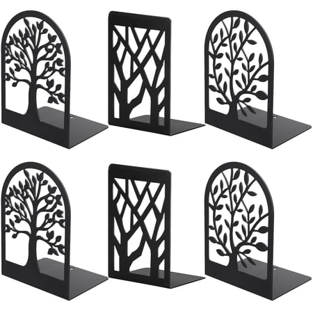 DIYMAG 6 Pcs Bookends for Shelves, L-Shape Black Metal Bookends, Trees Design Book Stopper for Book Shelf, Non-Skid Office Bookends (3Pairs 6Pcs)