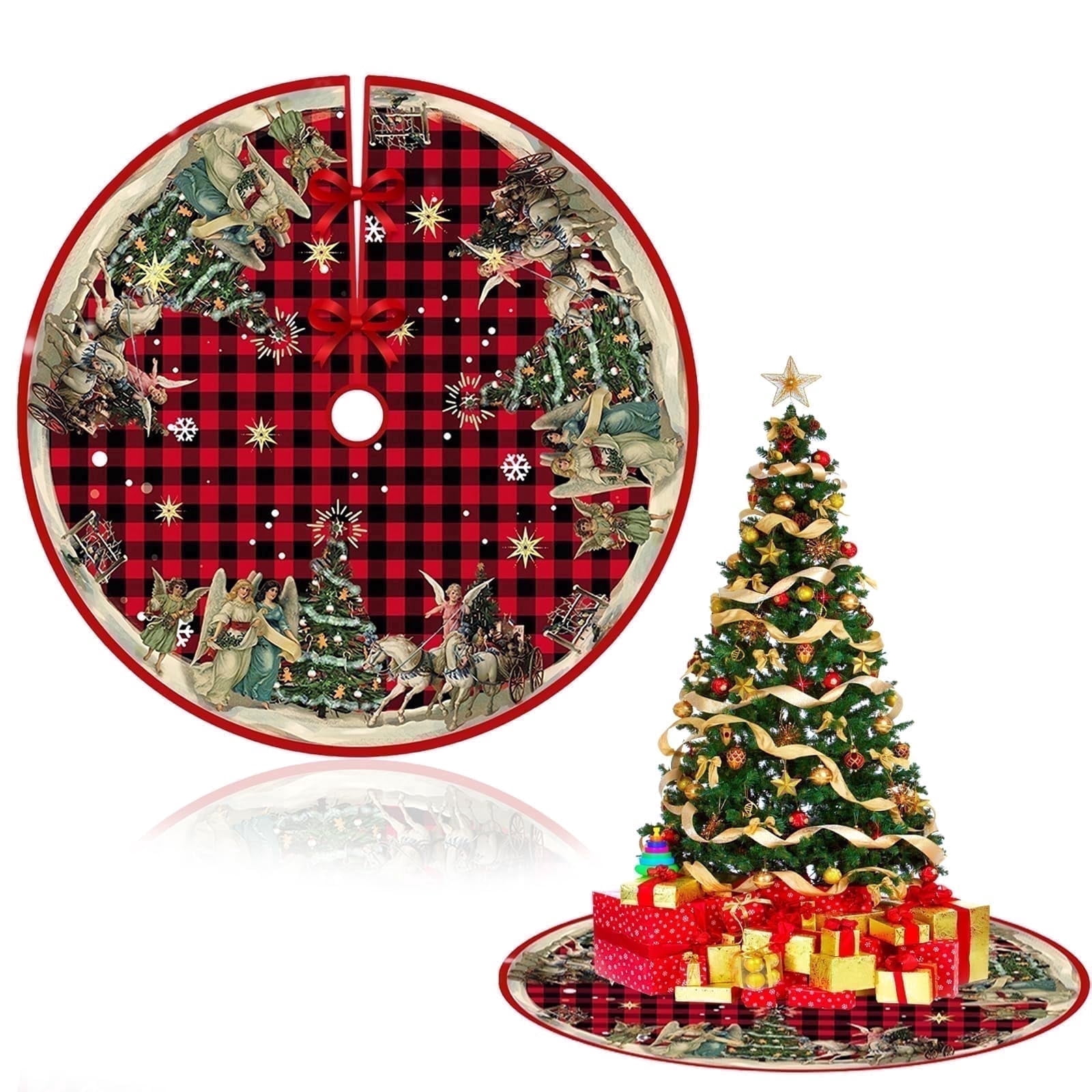 DIYMAG Christmas Tree Skirt, New Year Xmas Deco, 48 Inches Large Christmas Tree Skirts Snowflake Red and Black Plaid Stamp for Christmas Tree Decorations