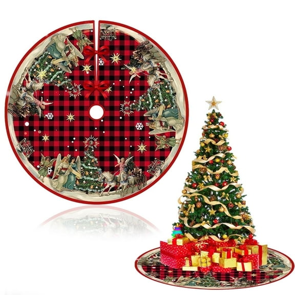 DIY.STORE Christmas Tree Skirt, New Year Xmas Deco, 48 Inches Large Christmas Tree Skirts Snowflake Red and Black Plaid Stamp for Christmas Tree Decorations
