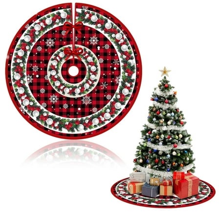 DIY.STORE Christmas Tree Skirt, New Year Xmas Deco, 48 Inches Large Christmas Tree Skirts Snowflake Red and Black Plaid Stamp for Christmas Tree Decorations