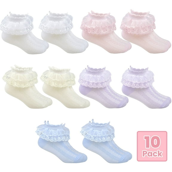 DIYMAG 10 Pairs Ruffle Socks for Toddler Girls,  Macaron Colors Double Lace Socks for Skirts Match(M)