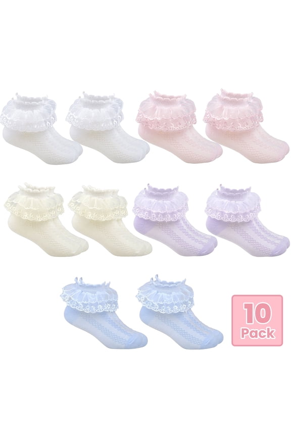 10 Pairs Ruffle Socks for Toddler Girls,  Macaron Colors Double Lace Socks for Skirts Match(M)