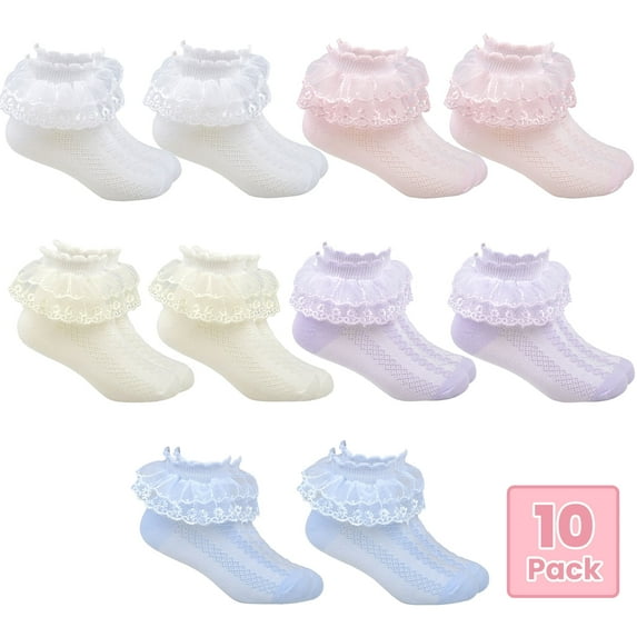 DIYMAG 10 Pairs Ruffle Socks for Toddler Girls, Macaron Colors Double Lace Socks for Skirts Match(M)