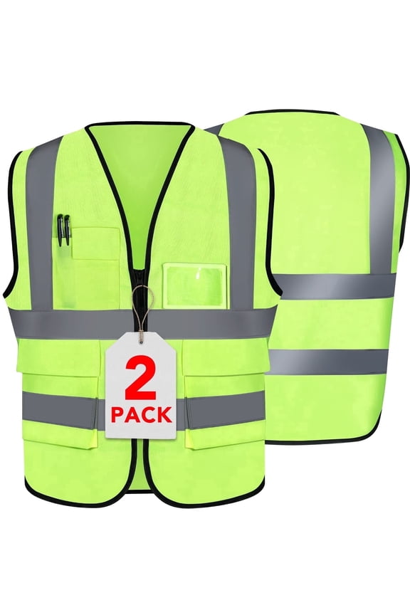 2 Packs Safety Vests, Reflective Taping, High Visibility Safety Vest with Pockets(XL,Neon Green)