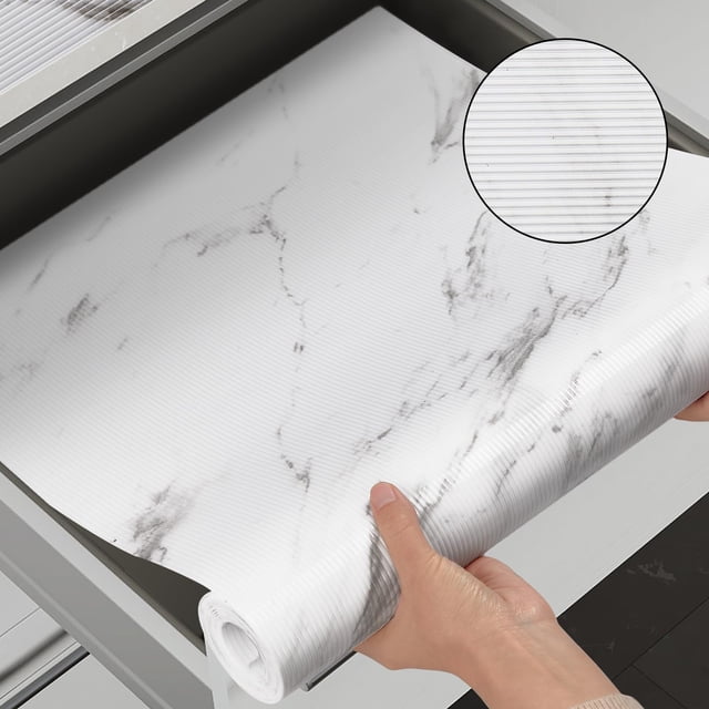 Non-Slip Drawer & Shelf Liner - 23.6 Inch X 30 Feet, Gold White Marble PVC, Waterproof, No Adhesive, Easy To Cut For Kitchen, Bathroom, Refrigerator