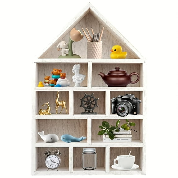 DIYMAG Wall Hanging Display Case for Figures, House-Shape Wall Display Case, Wooden Display Case for Displaying Figures, Curio, Mini Sculpture (White)