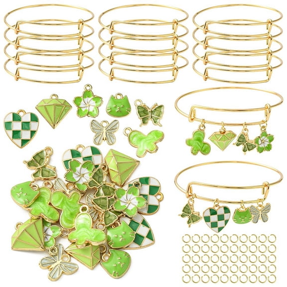 DIY Saint Patrick's Day Bangle Making Kit Including Adjustable Iron Expandable Bangle Making Alloy Enamel Charms Butterfly & Heart & Cat & Flower Green 77Pcs/bag