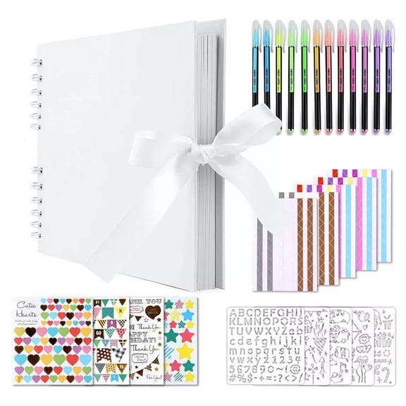 DIY Scrapbook Album Set with Ribbon Closure Spiral Binding Black Cardstock Pages Gel Pens Stickers and Stencils for Crafting Gift Memory Book