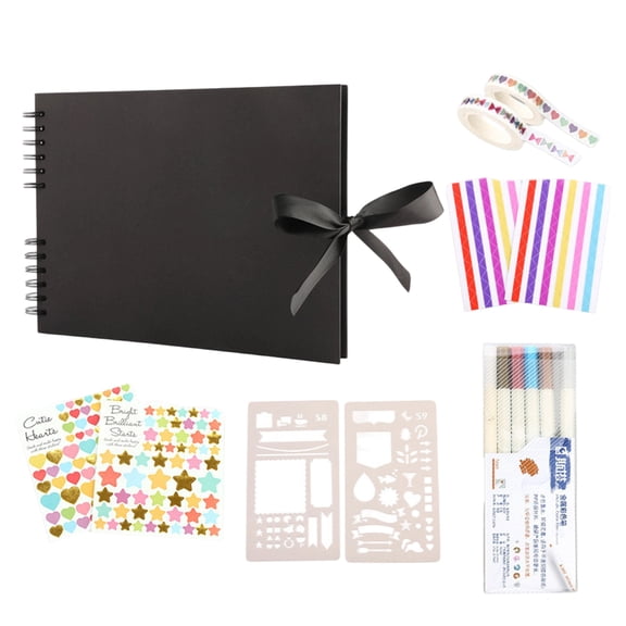 DIY Scrapbook Album Spiral Bound with Ribbon Closure Black Cardstock Pages Complete Kit with Markers Stickers Stencils and Washi Tape for Memory Book Crafting Projects