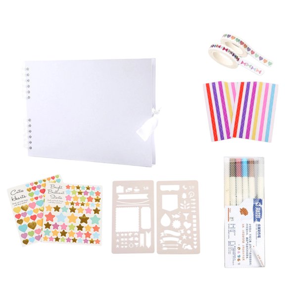 DIY Scrapbook Album Spiral Bound with Ribbon Closure Black Cardstock Pages Complete Kit with Markers Stickers Stencils and Washi Tape for Memory Book Crafting Projects
