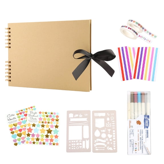DIY Scrapbook Album Spiral Bound with Ribbon Closure Black Cardstock Pages Complete Kit with Markers Stickers Stencils and Washi Tape for Memory Book Crafting Projects