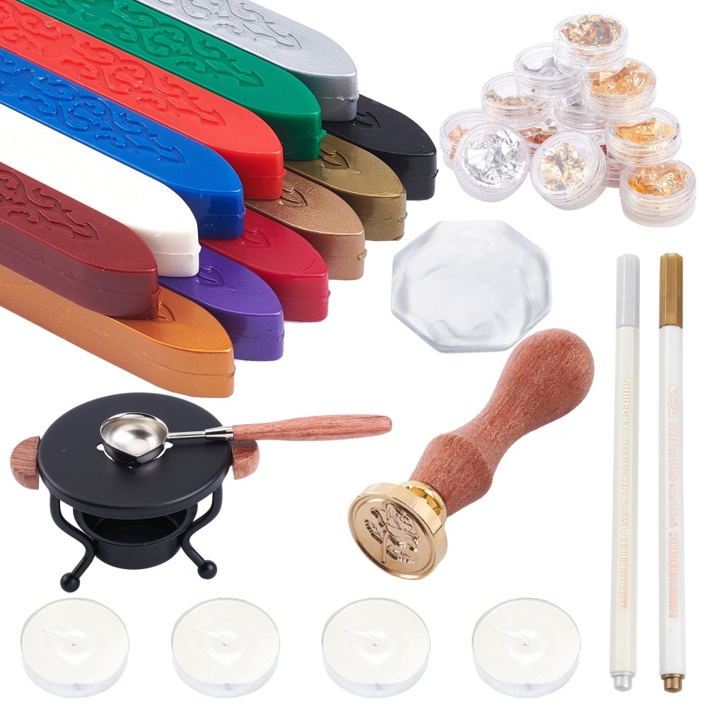 DIY Scrapbook Kits with Wood Alloy Wax Furnace Sealing Wax Sticks without Wicks Candle Metallic Marker Pens UV Gel Nail Art Tinfoil Marble Pattern Porcelain Cup Coasters Mixed color 9.8x7.6x6cm