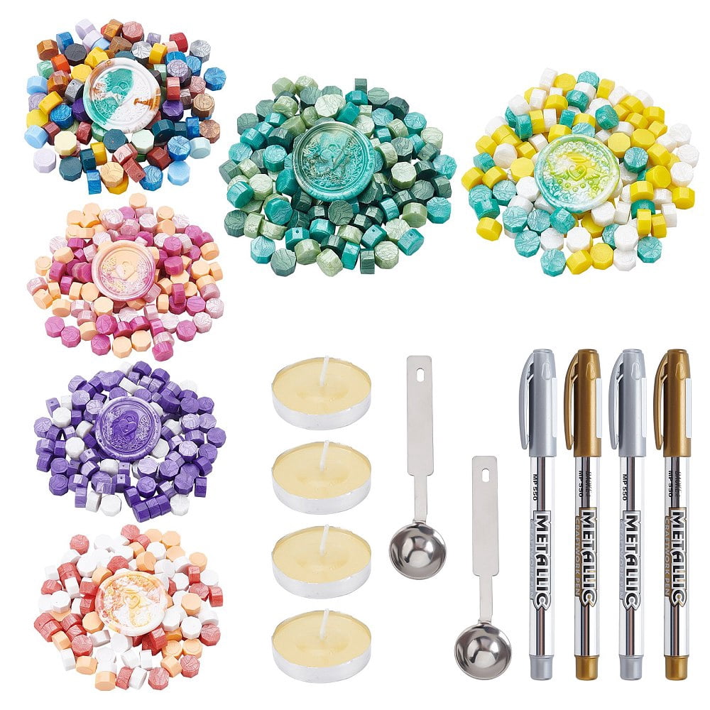 DIY Scrapbook Making Kits Including Sealing Wax Particles Iron Wax Sticks Melting Spoon Candle and Marking Pen Colorful 0.9cm 730pcs/set DIY