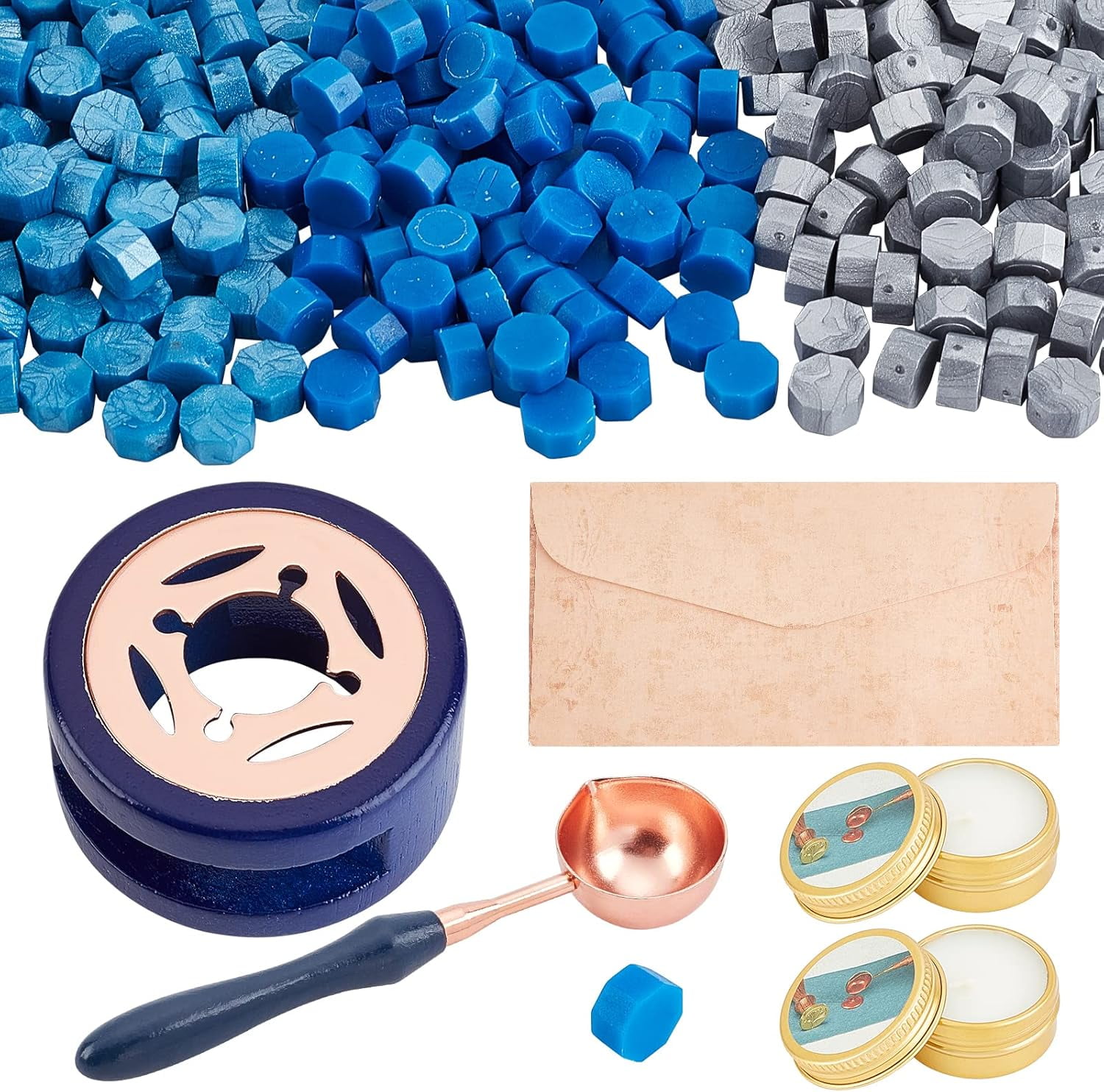 DIY Scrapbook Making Kits Including Wood Wax Smelter Brass Handle Wax Sealing Stamp Melting Spoon Sealing Wax Particles Paraffin Candles and Paper Letter Stationery Mixed color 309pcs